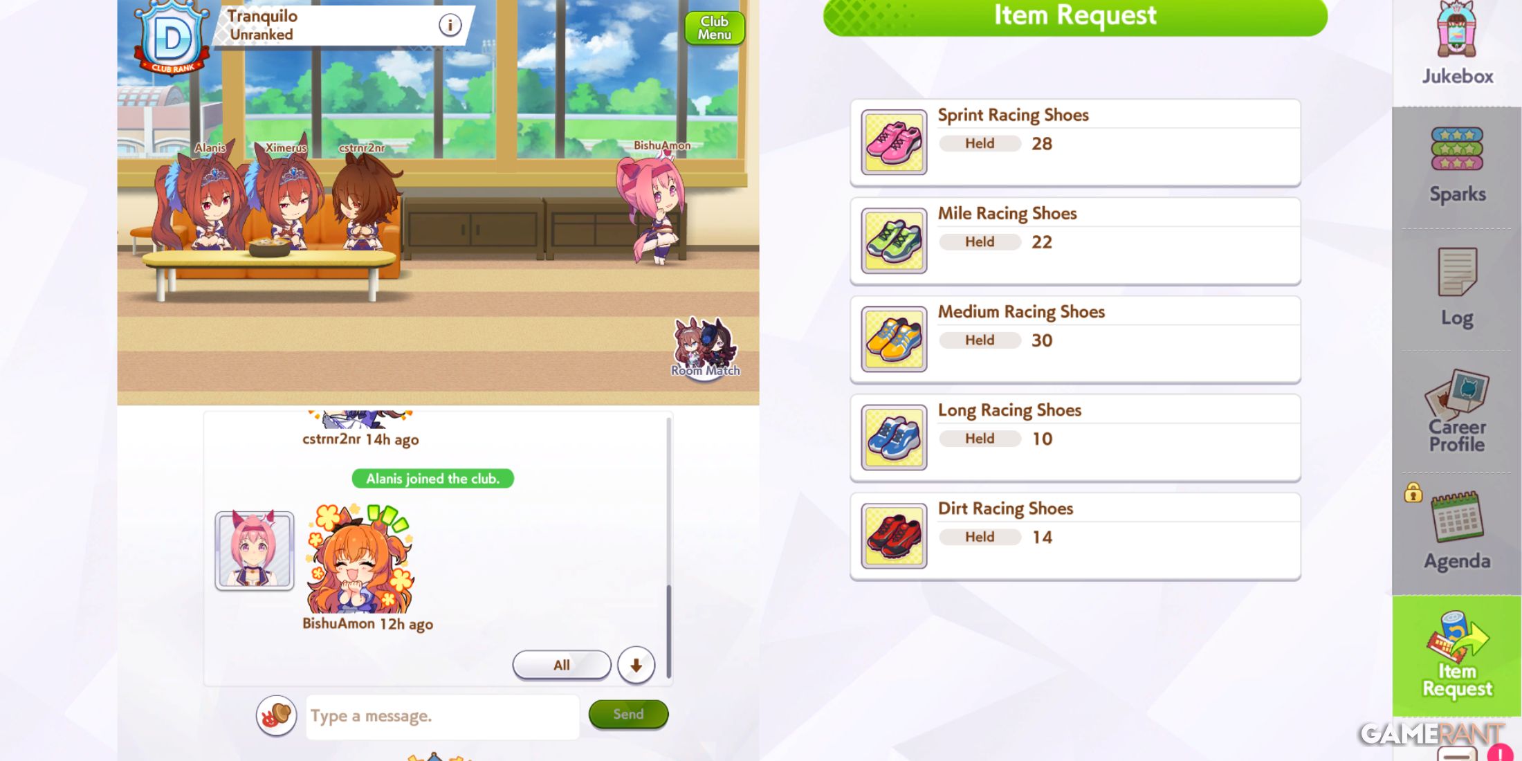 Club room screen in Umamusume Pretty Derby showing club chat, members, and item request list with racing shoes