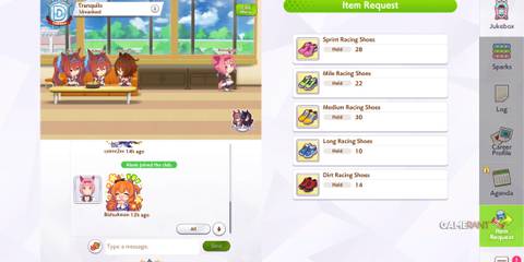 Club room screen in Umamusume Pretty Derby showing club chat, members, and item request list with racing shoes