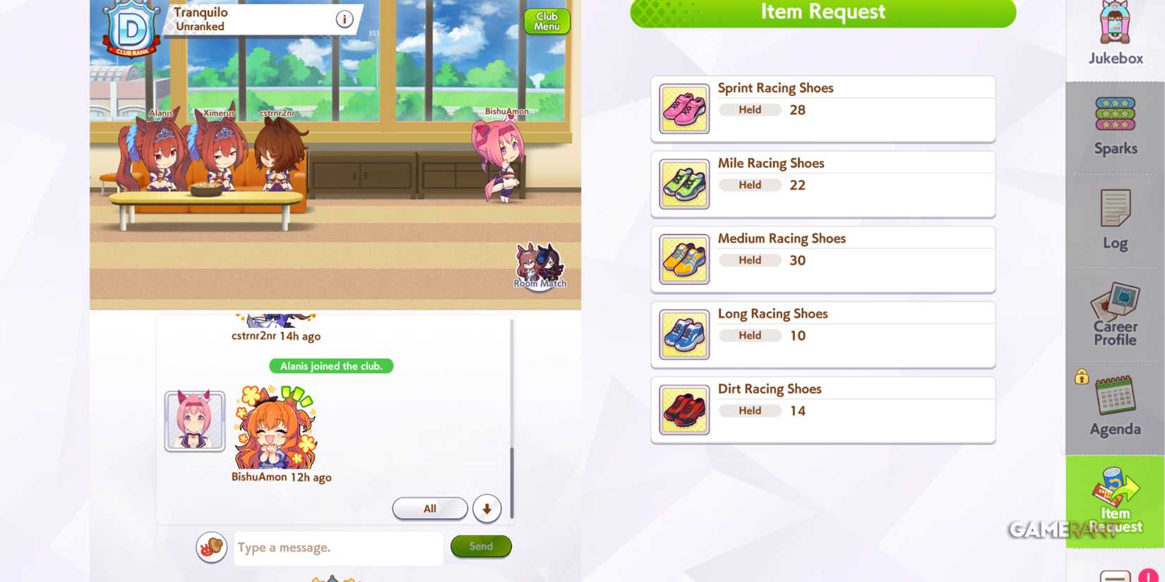 Club room screen in Umamusume Pretty Derby showing club chat, members, and item request list with racing shoes