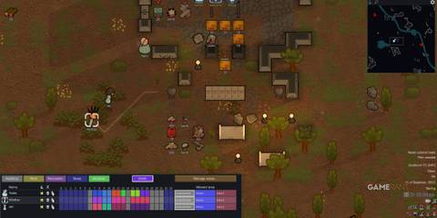 Color‑coded timetable grid from Schedule Everything sets hour‑by‑hour work, sleep, and rest routines for colonists