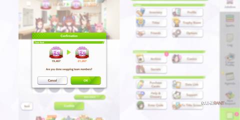 Confirmation screen in Umamusume Pretty Derby shows team upgrade from Rank E2 to E3 after lineup adjustments