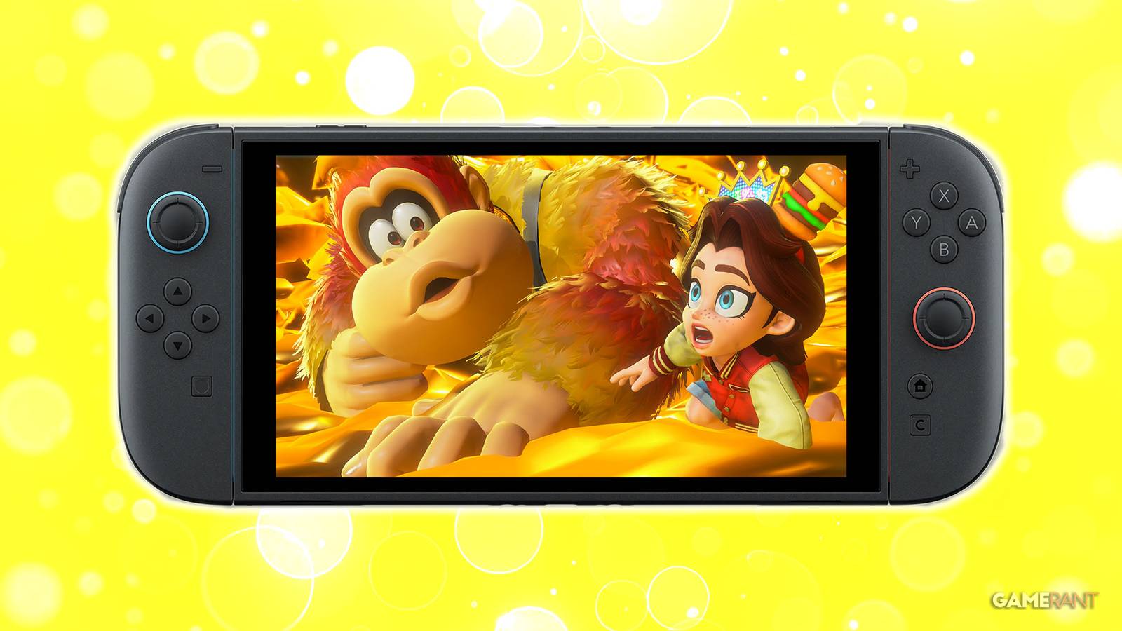 Donkey Kong Bananza Pauline and DK looking surprised curious on Nintendo Switch 2 yellow bokeh background 2x1 composite