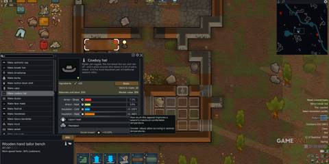Enhanced bill interface displays detailed stats for crafting a cowboy hat at a tailoring bench with Nice Bill Tab
