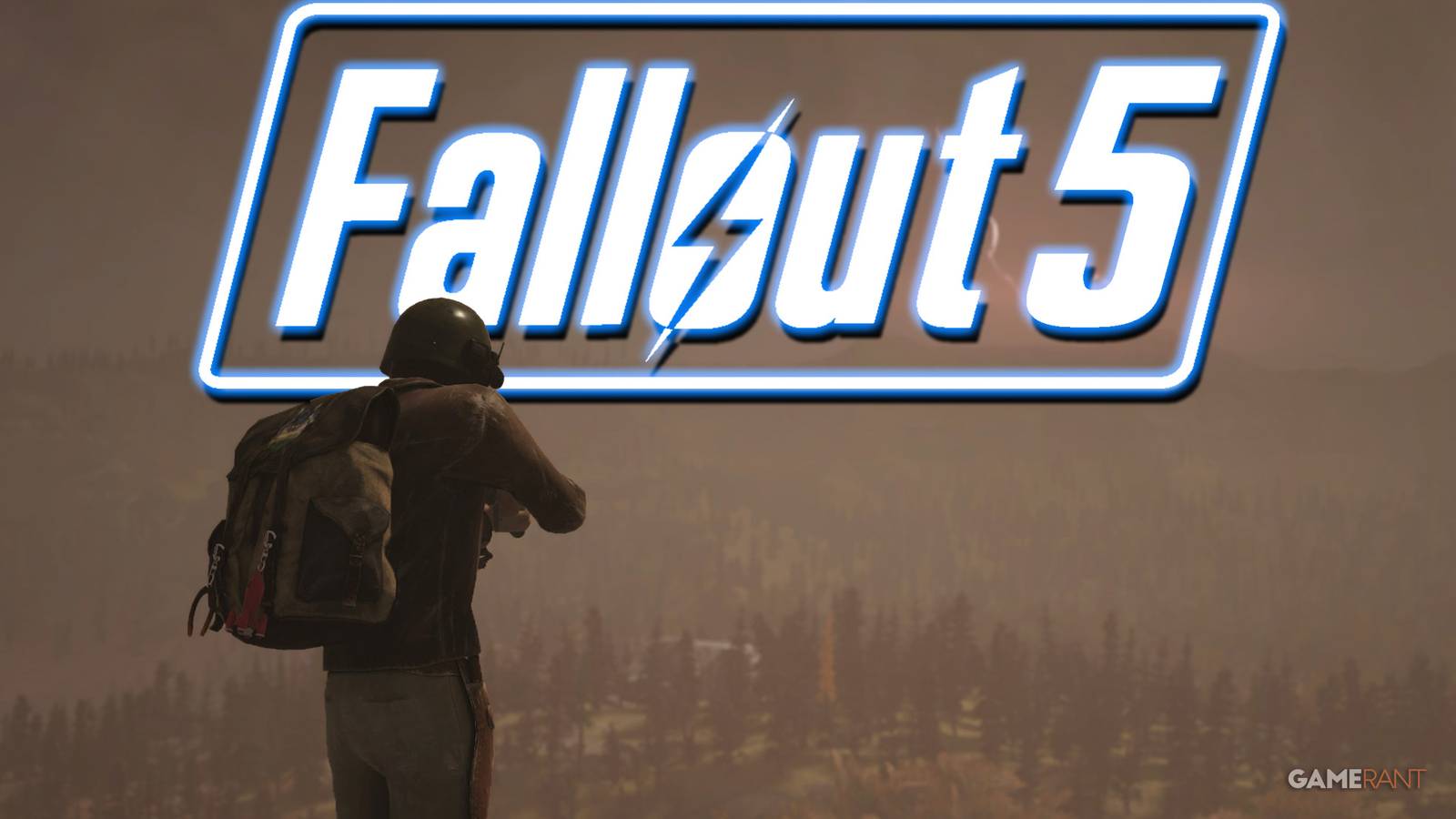 Fallout 5 logo mockup white with blue outer glow over F76 Appalachia exploration screenshot