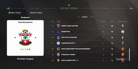 FC 25 - Live Start Career Mode - Southampton Table