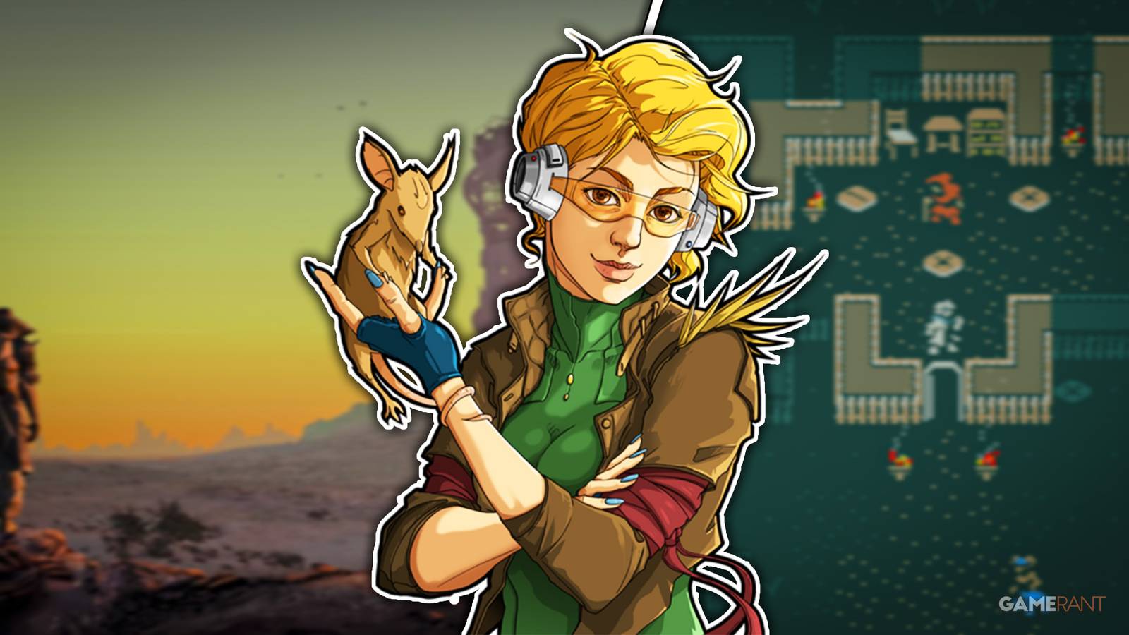 Rimworld character with Kenshi and Caves of Qud in the background