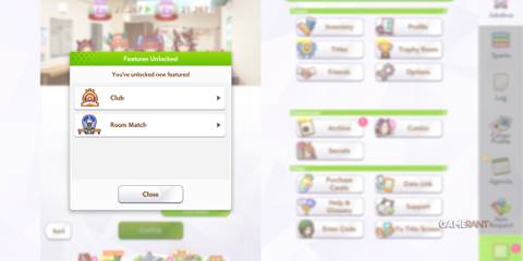 Features Unlocked screen in Umamusume Pretty Derby showing Club and Room Match unlocked at Team Rank E3