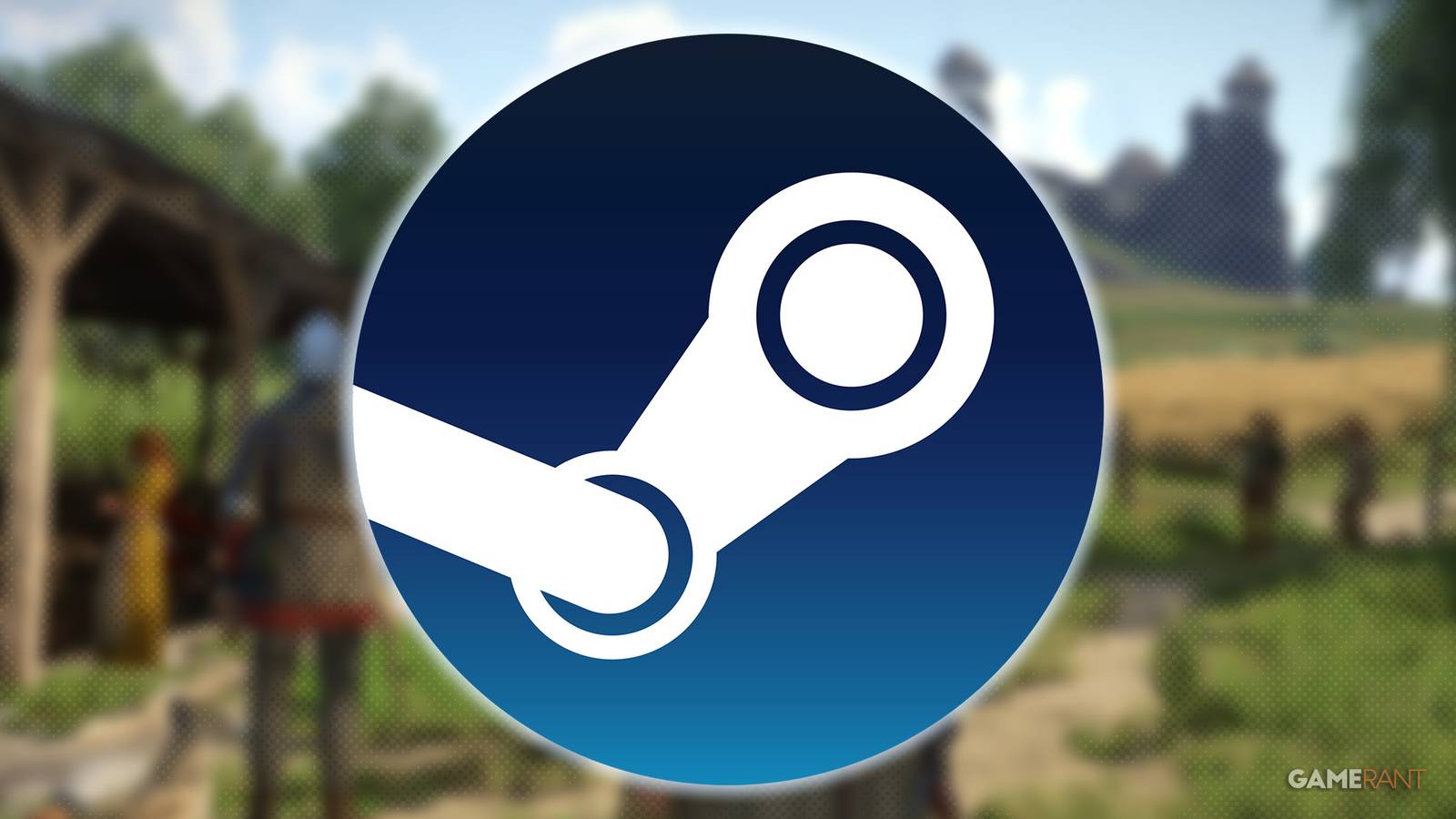 glowing Steam logo over blurred Kingdom Come Deliverance 2 promo gameplay screenshot