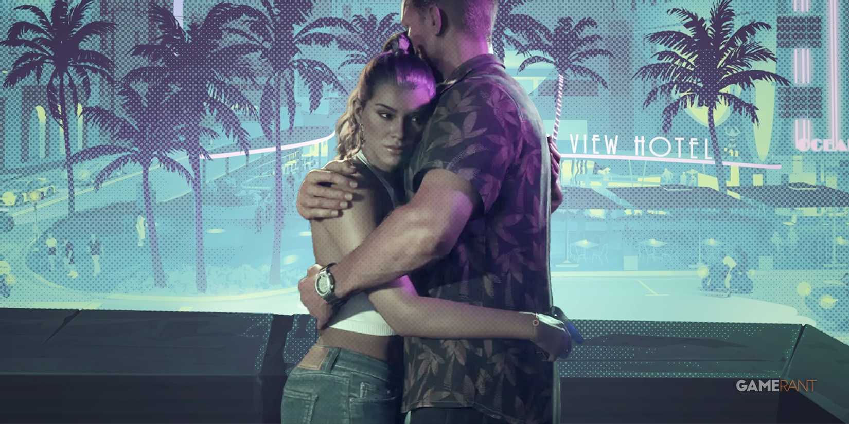 Grand Theft Auto 6 Jason and Lucia hugging on an Ocen Drive balcony overlooking Ocean View hotel dot halftone shading pattern 2x1 GTA 6 composite
