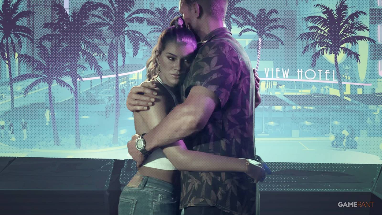 Grand Theft Auto 6 Jason and Lucia hugging on an Ocen Drive balcony overlooking Ocean View hotel dot halftone shading pattern 2x1 GTA 6 composite