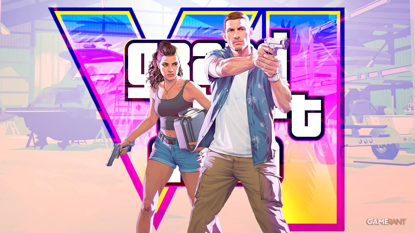 Grand Theft Auto 6 Jason and Lucia in front of GTA6 logo rose-pink composite