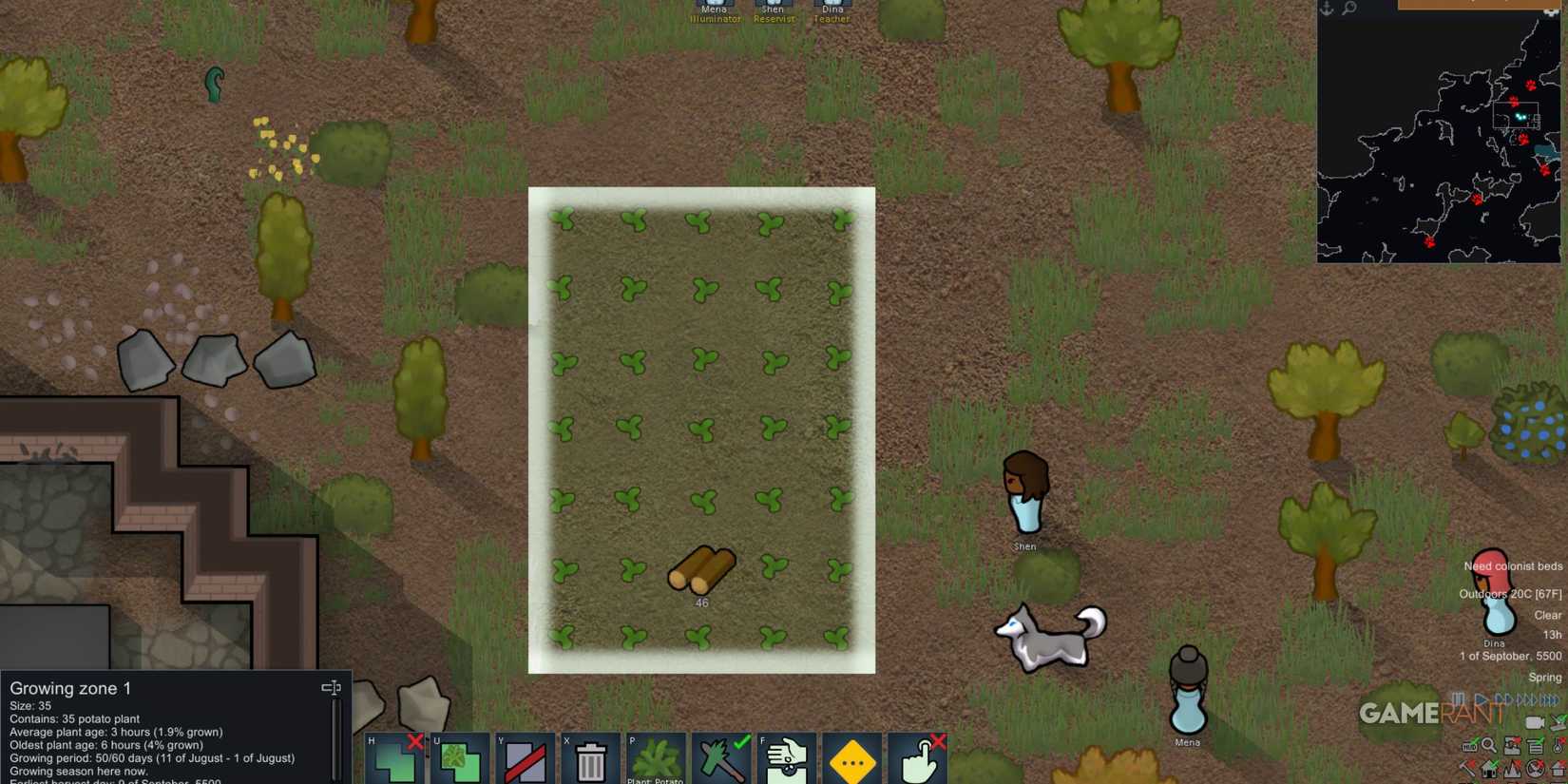 Grow zone outlined with potato sprouts shows Smart Farming Continued’s automated sowing and field priority controls