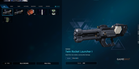 Inventory screen showing a Twin Rocket Launcher I weapon with its stats and price in Mecha BREAK