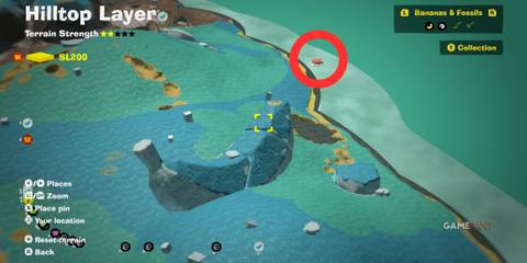 Map location of Cranky Kong and Banandium Gem 32 in the Hilltop Layer of Donkey Kong Bananza