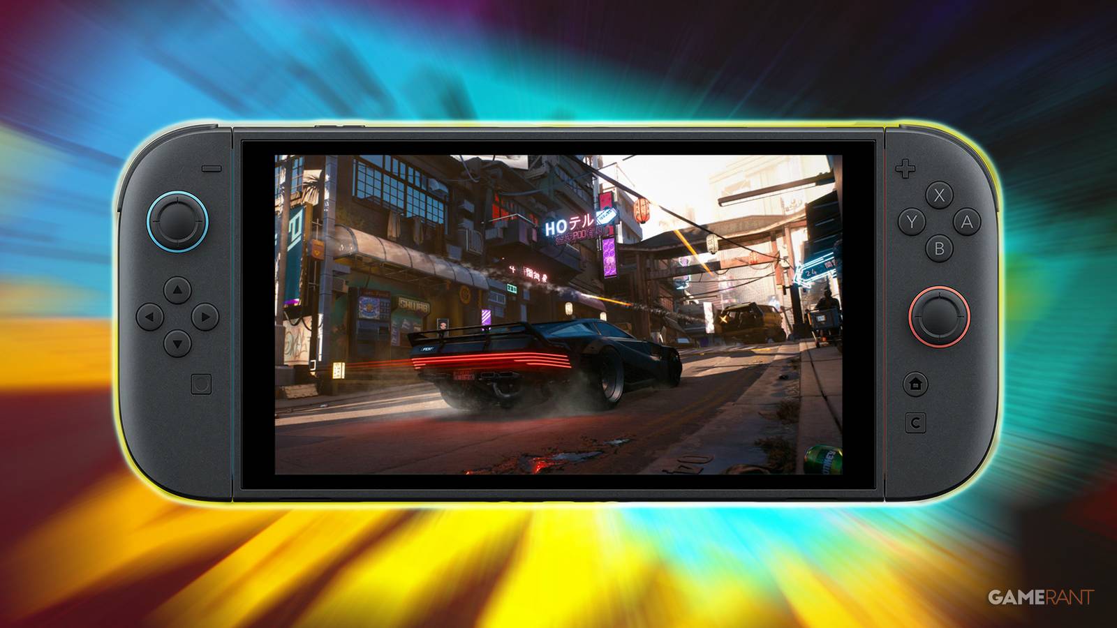 Nintendo Switch 2 running Cyberpunk 2077 AutoDrive cinematic camera 2x1 composite