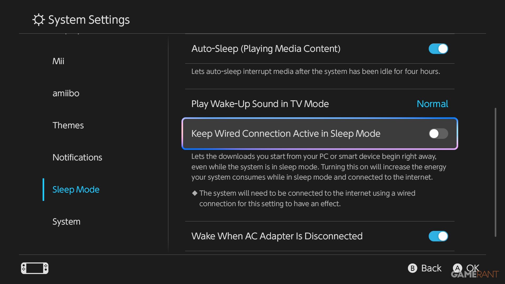 Nintendo Switch 2 System Settings Keep Wired Connection Active in Sleep Mode