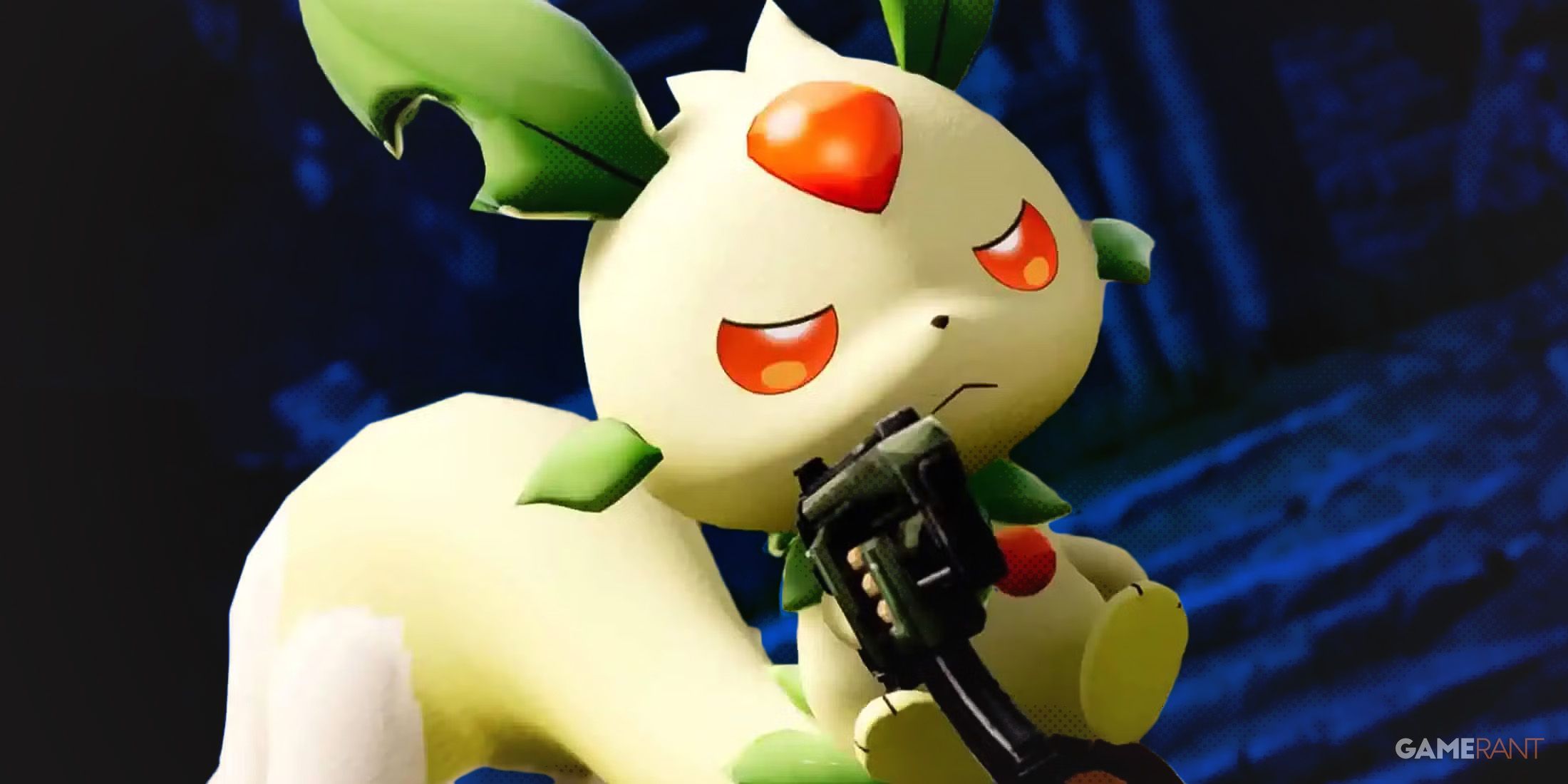 Palworld Limfunk serious-looking on blue background faint dot halftone shading effect 2x1 composite