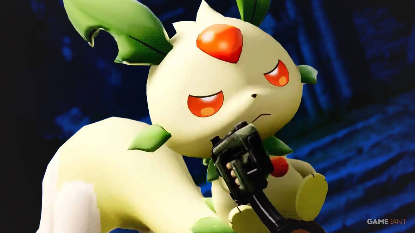 Palworld Limfunk serious-looking on blue background faint dot halftone shading effect 2x1 composite