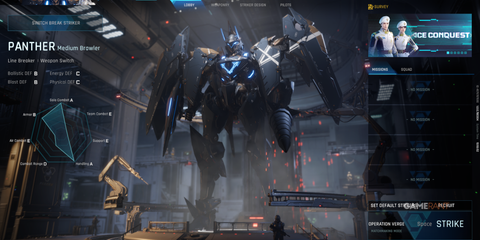 Panther mech selected in the lobby, displaying stats and radar chart for combat roles in Mecha BREAK