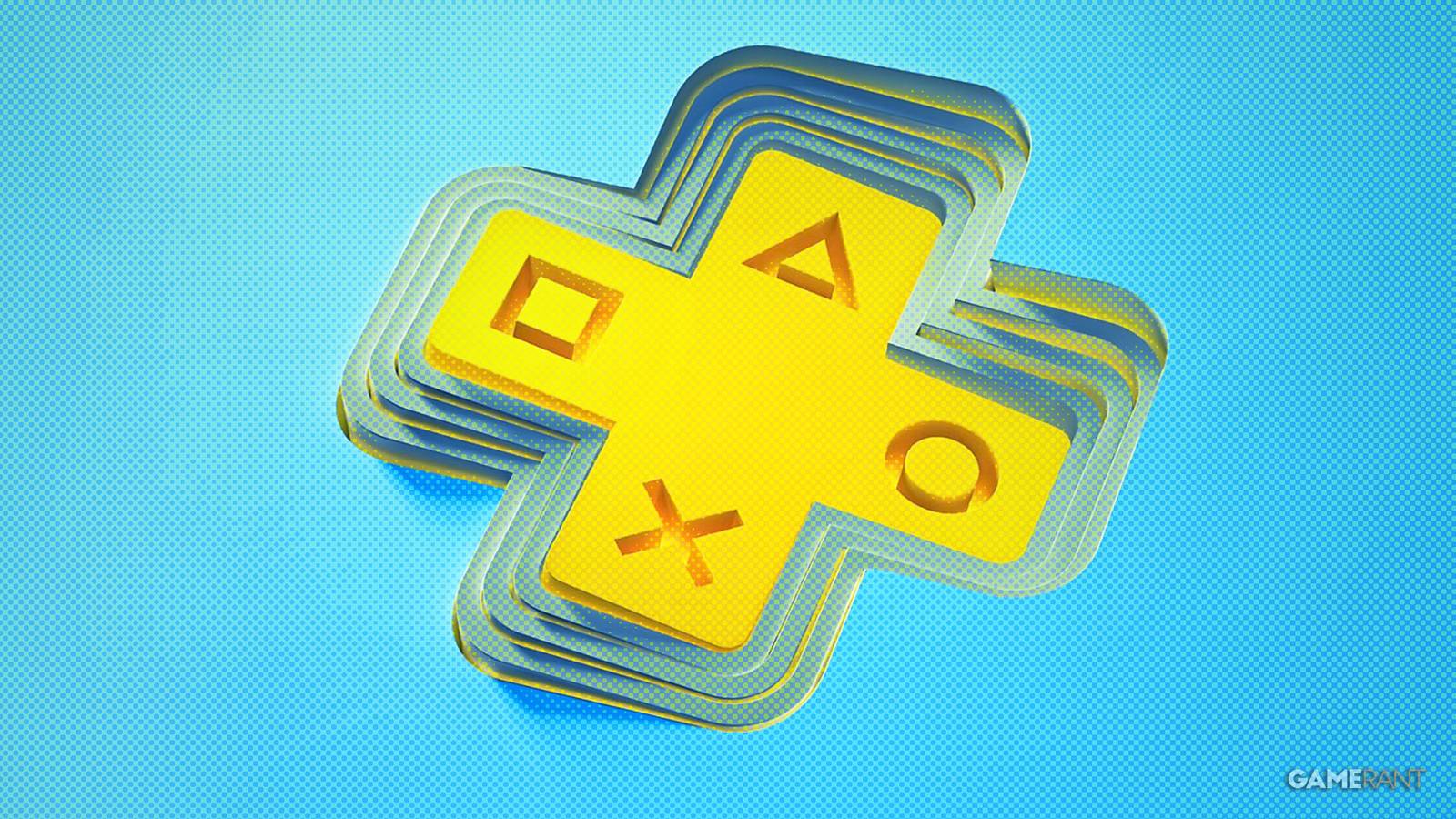 PlayStation Plus logo emblem d-pad on light blue background dot halftone shading effect 2x1 composite
