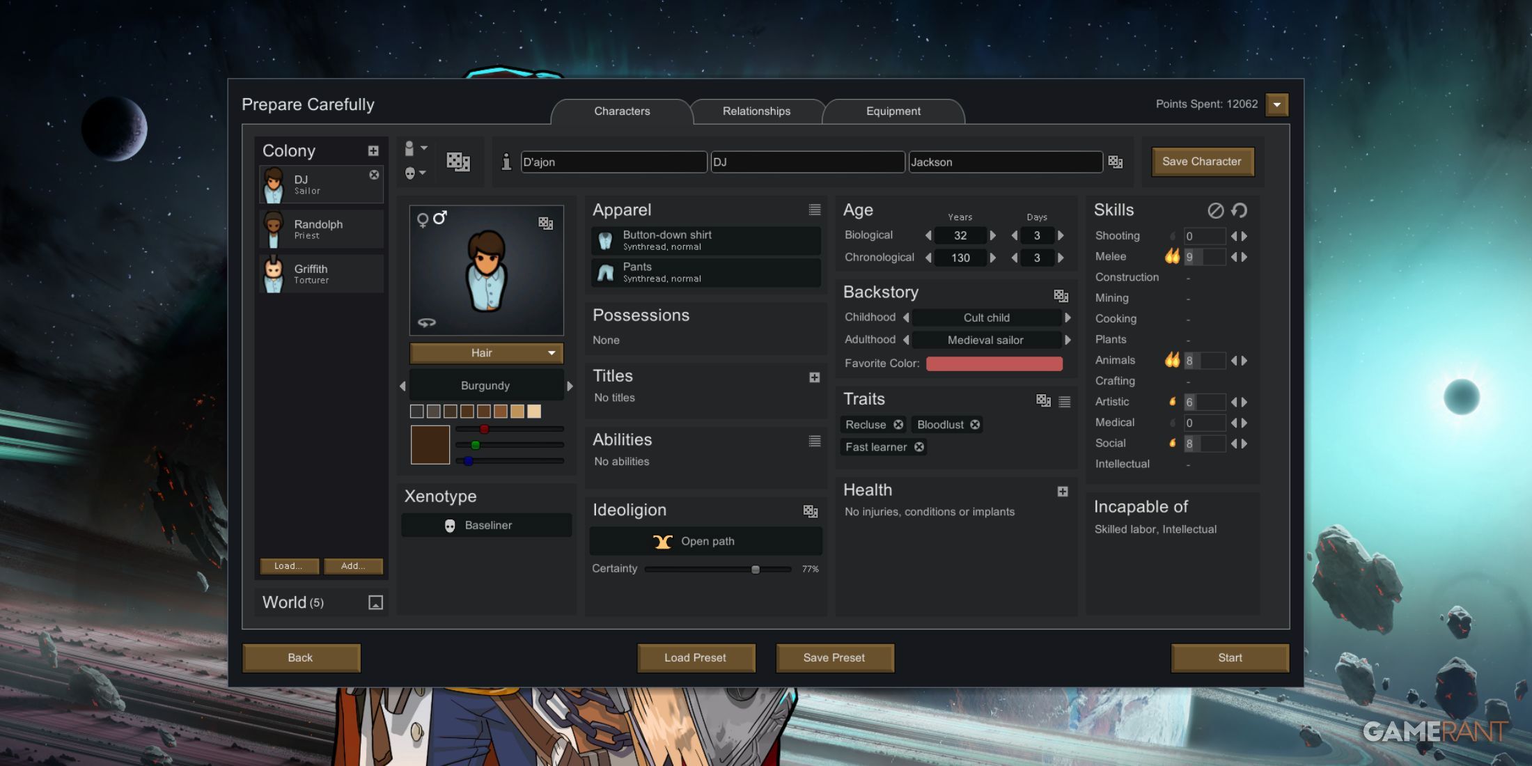 Prepare Carefully’s setup screen lets players fine‑tune pawn stats, traits, gear, and appearance before crashlanding