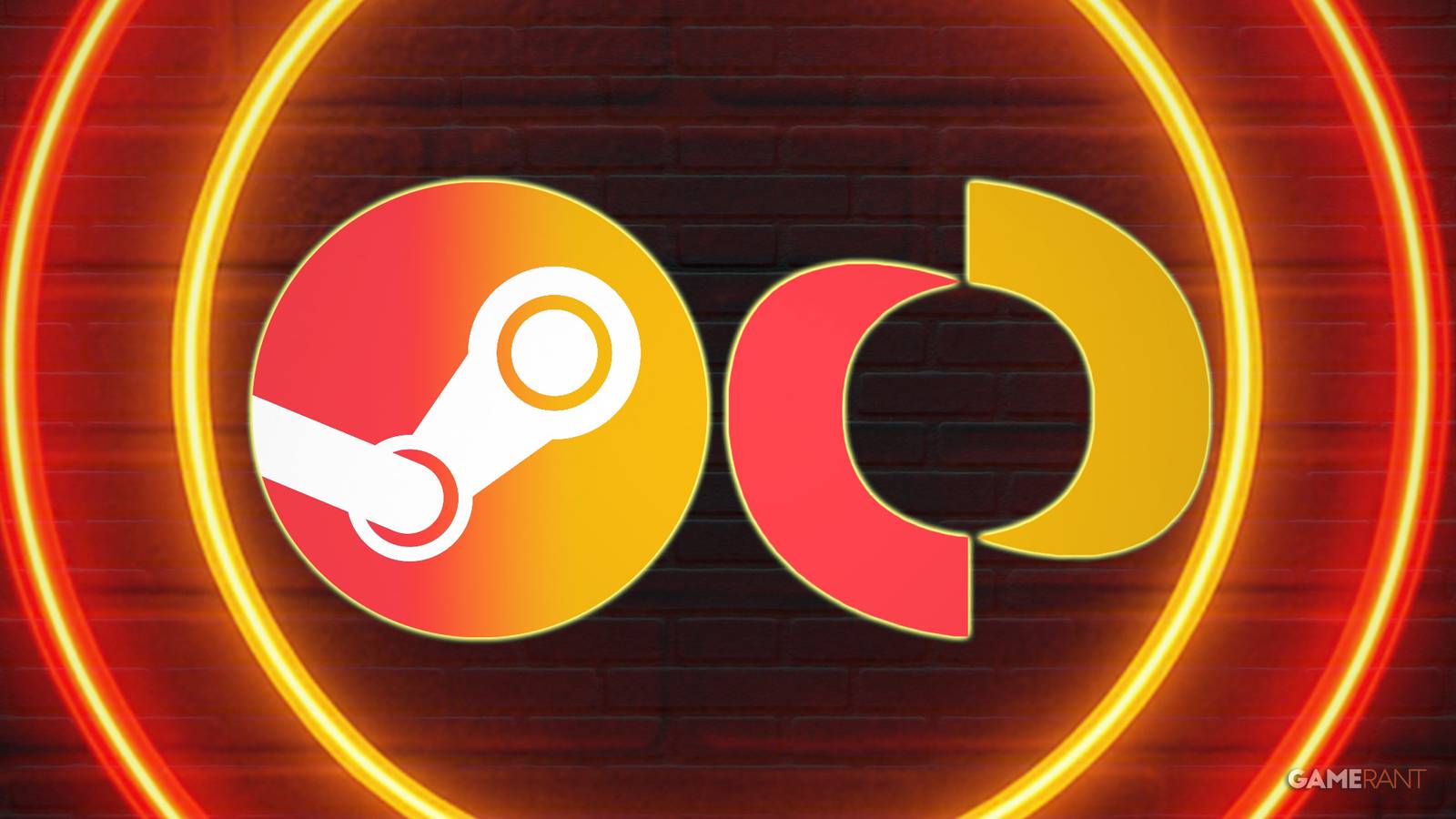 Steam IGDA logos as neon signs on brick wall composite