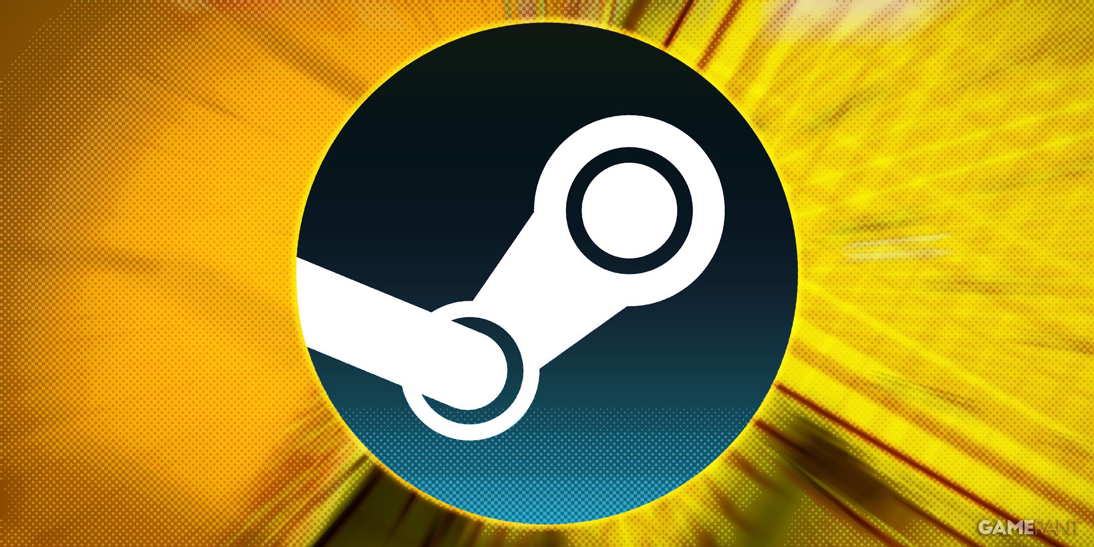 Steam logo over Ampersat radial-blurred screenshot dot haftone shading effect edit 2x1 composite