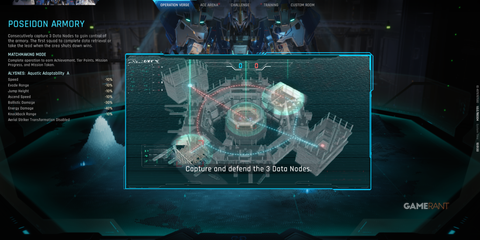 Tactical overview of the Poseidon Armory map showing three data nodes to capture in Mecha BREAK