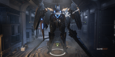 The Panther mech, fully equipped and glowing with blue lights, ready for deployment in Mecha BREAK