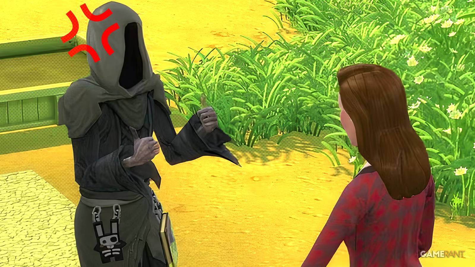 The Sims 4 Grim Reaper frustrated lime colored background 2x1 composite