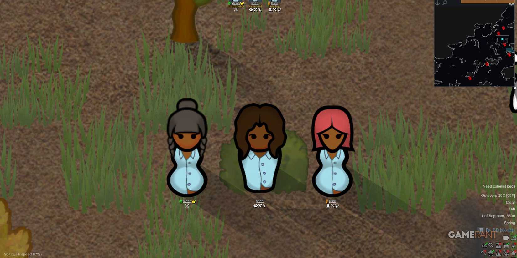 Useful Marks adds status icons above pawns; three colonists show badges identifying roles, health, and equipment state