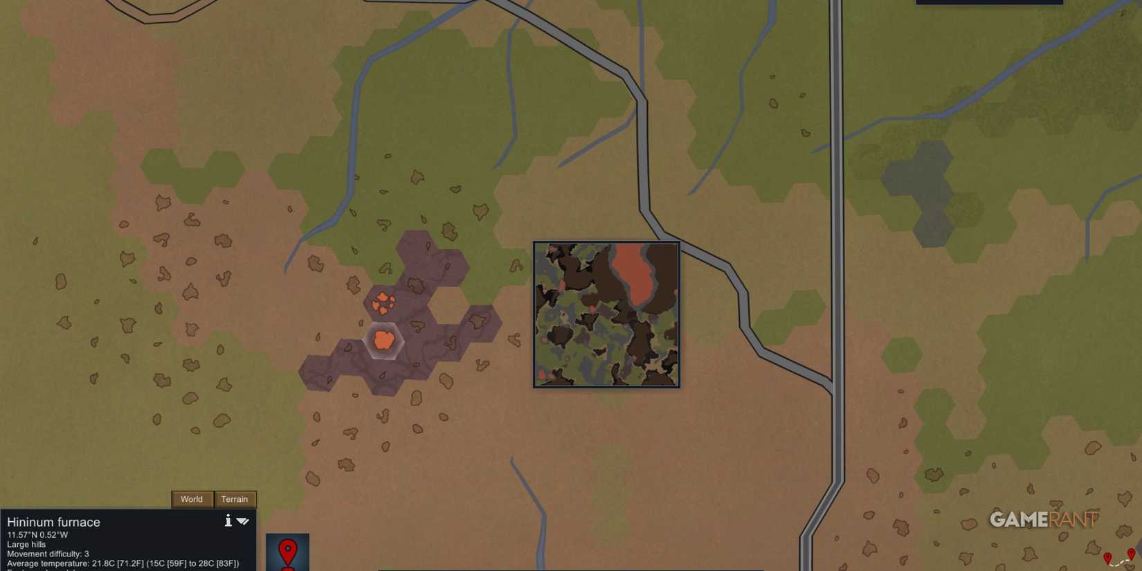 World map tile hovered shows detailed terrain preview inset, letting Map Preview plan ideal settlements before landing