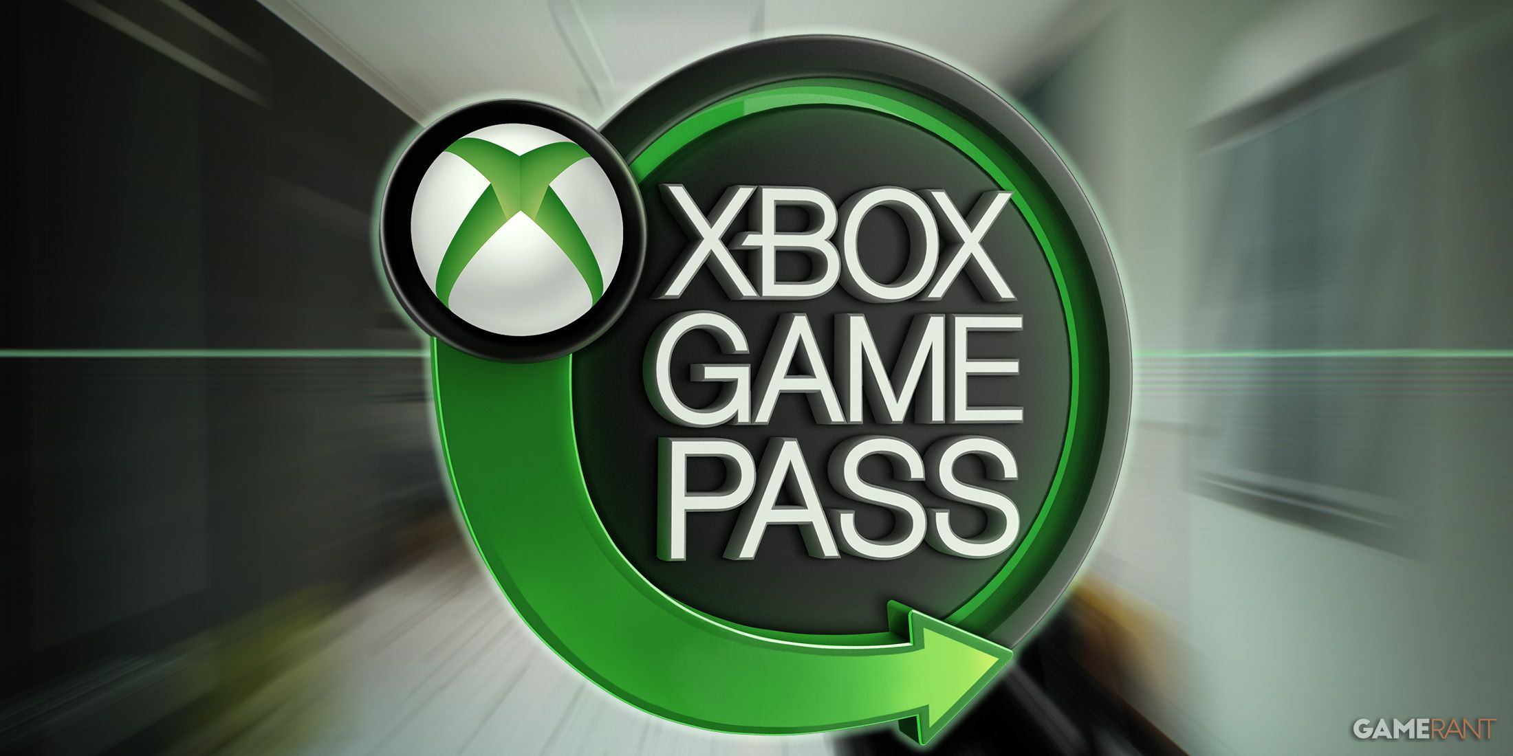 Xbox Game Pass logo over RoboCop Rogue City radial-blurred promo gameplay screenshot