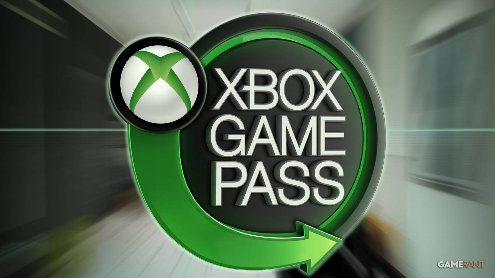 Xbox Game Pass logo over RoboCop Rogue City radial-blurred promo gameplay screenshot