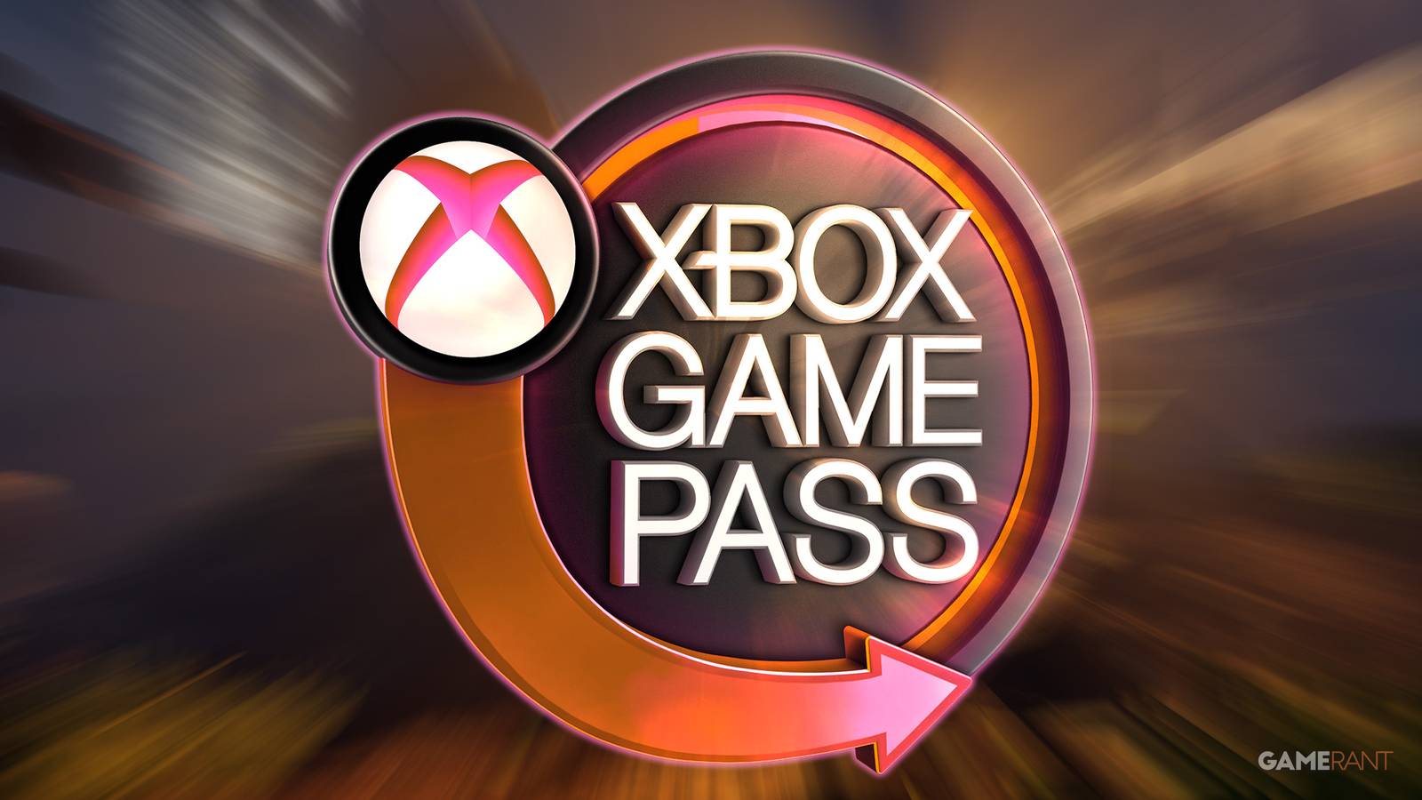 Xbox Game Pass neon sign orange and pink over zoom-blurred Grounded 2 landscape screenshot