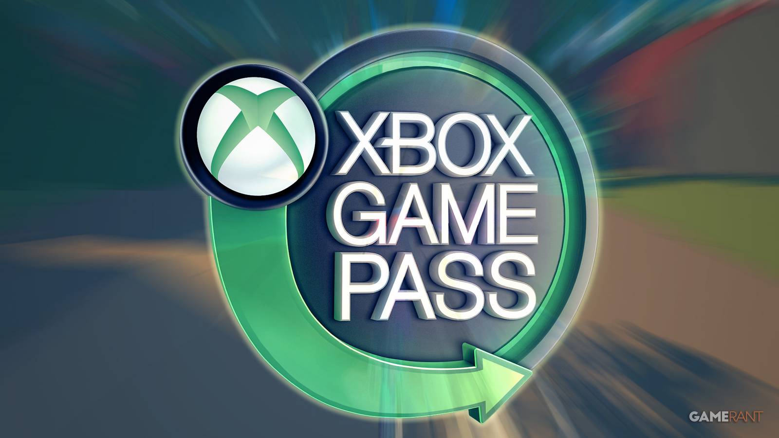 Xbox Game Pass Ultimate emblem blended into Wheel World blurred gameplay screenshot 2x1 composite
