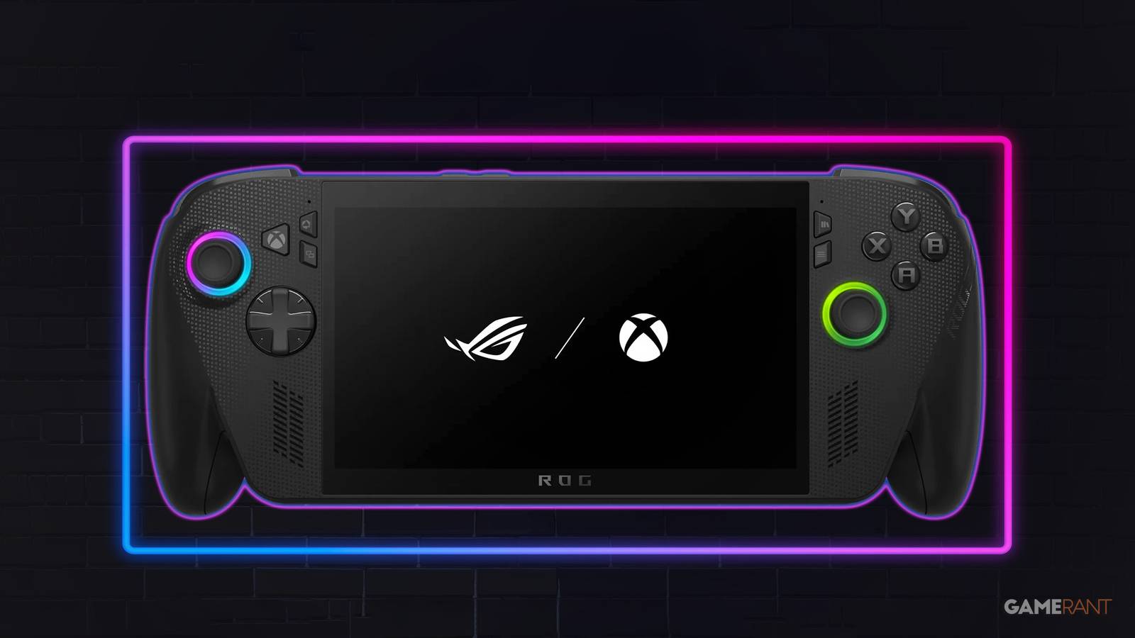 ASUS Rog Xbox Ally X neon sign blue and purple dark brick stylized wall 2x1 composite