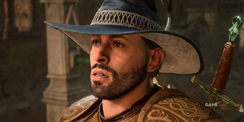 Baldur's Gate 3 surprised-looking Tav with wizard hat different colored eyes