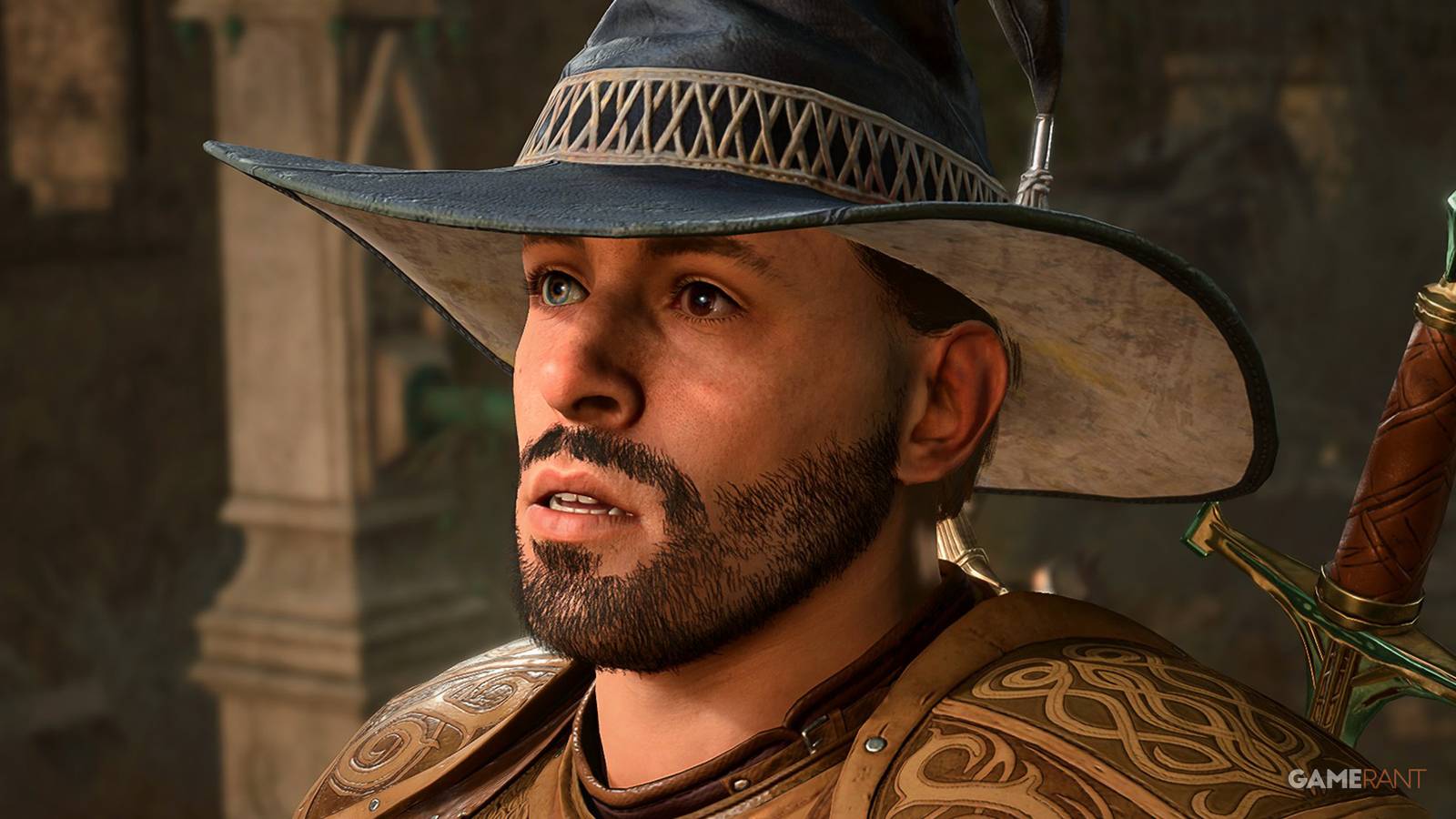 Baldur's Gate 3 surprised-looking Tav with wizard hat different colored eyes