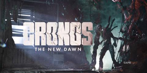 Cronos The New Dawn monster next to game logo 2x1 multi-environment composite window dark misty tunnel