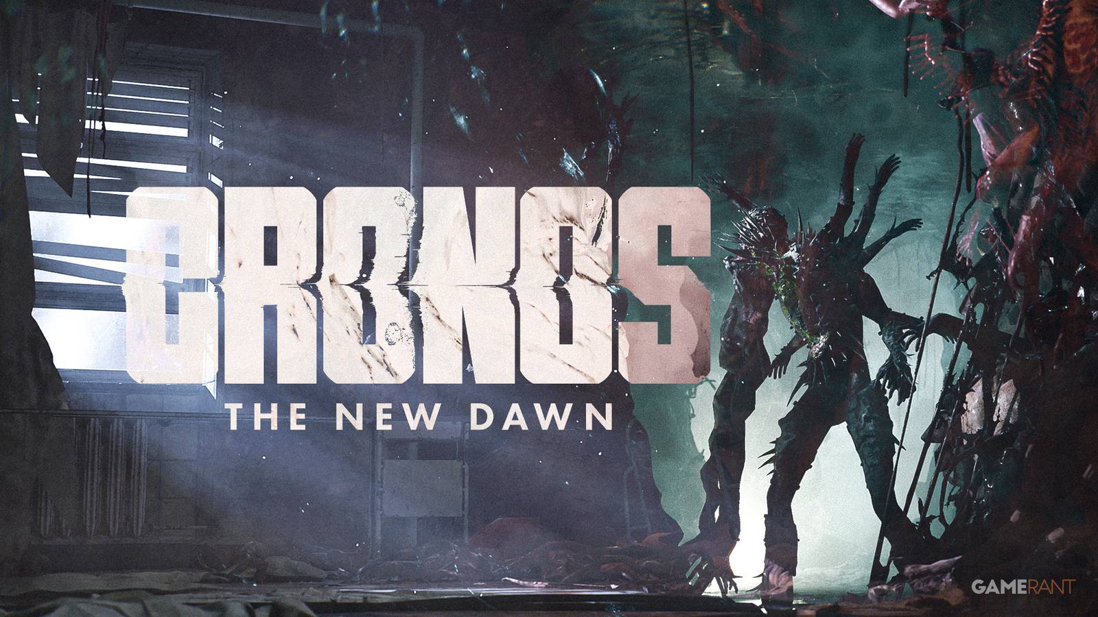 Cronos The New Dawn monster next to game logo 2x1 multi-environment composite window dark misty tunnel