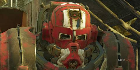 Fallout 76 red power armor close-up upscaled