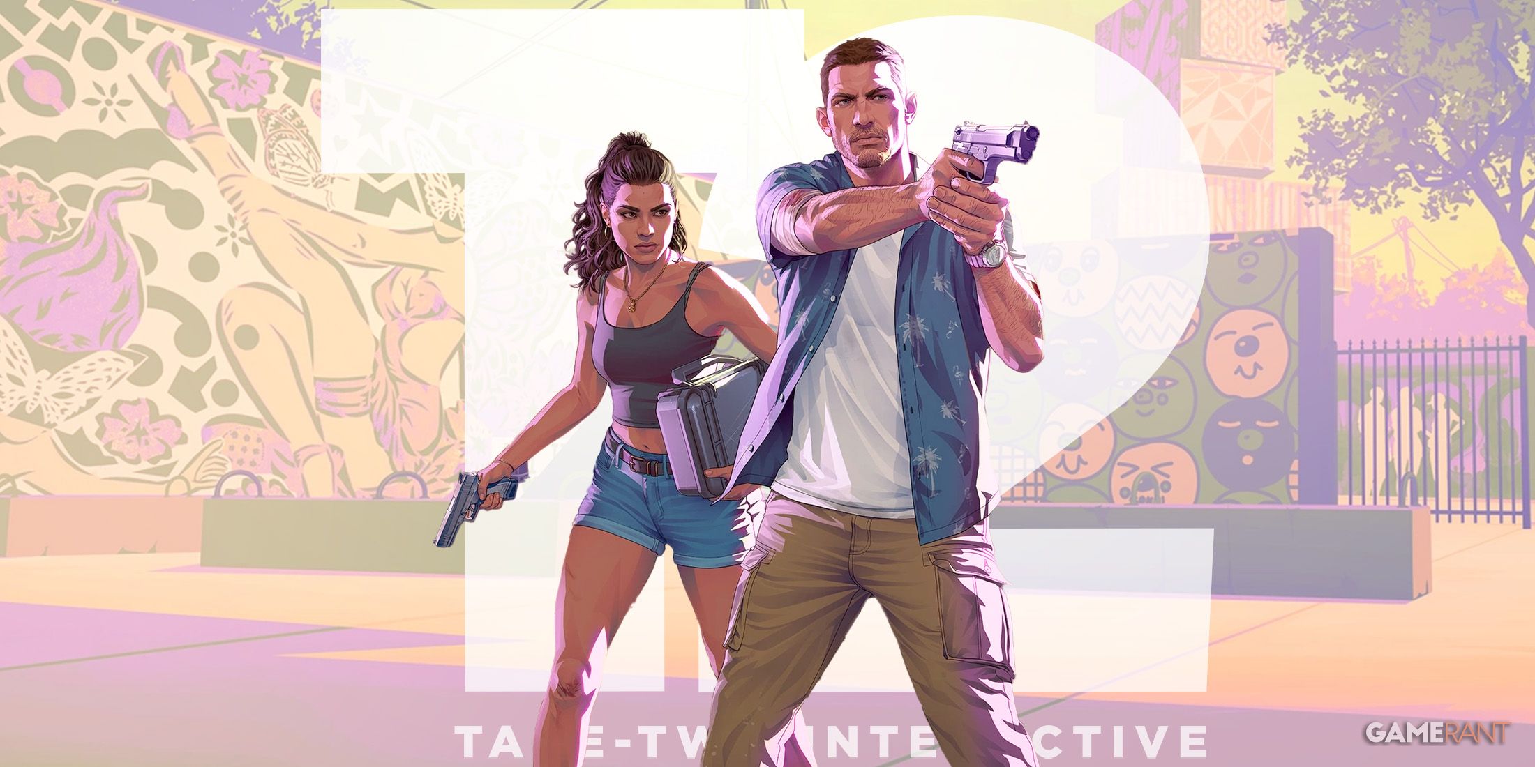 Grand Theft Auto 6 Jason and Lucia artwork in front of white Take-Two Interactive logo 2x1 composite