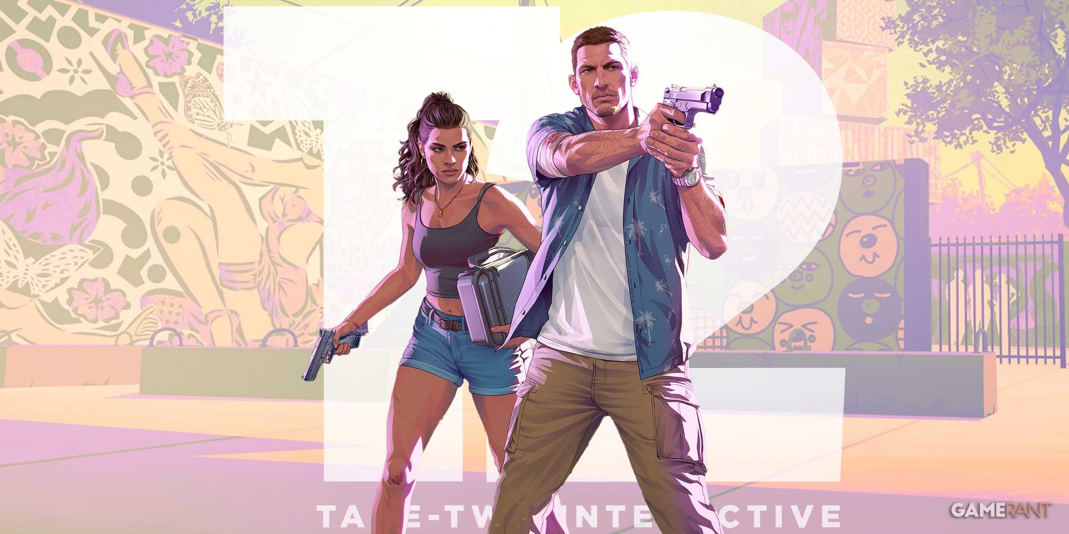 Grand Theft Auto 6 Jason and Lucia artwork in front of white take-two interactive logo 2x1 composite