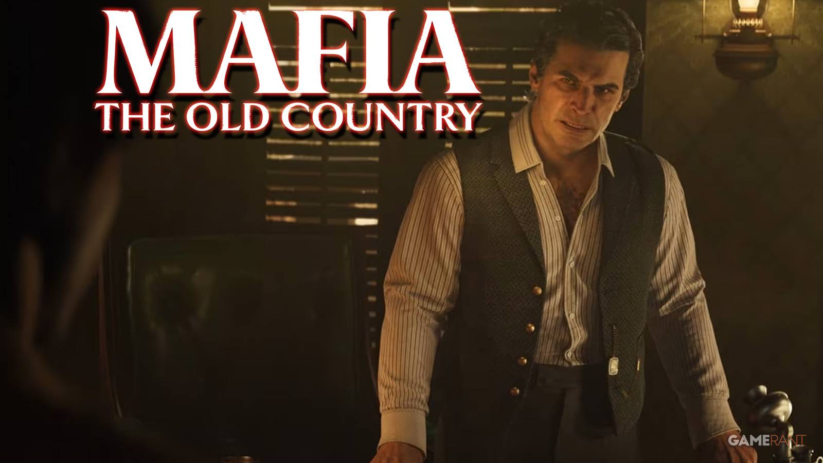 Mafia The Old Country character looking over desk next to glowing white game logo