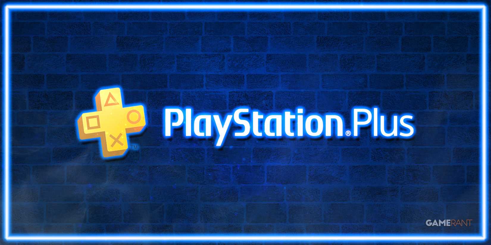 PlayStation Plus logo on stylized blue brick wall neon sign 2x1 composite