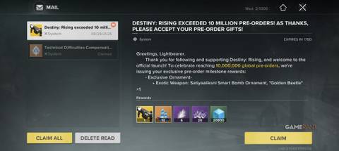pre-registration rewards message in destiny rising