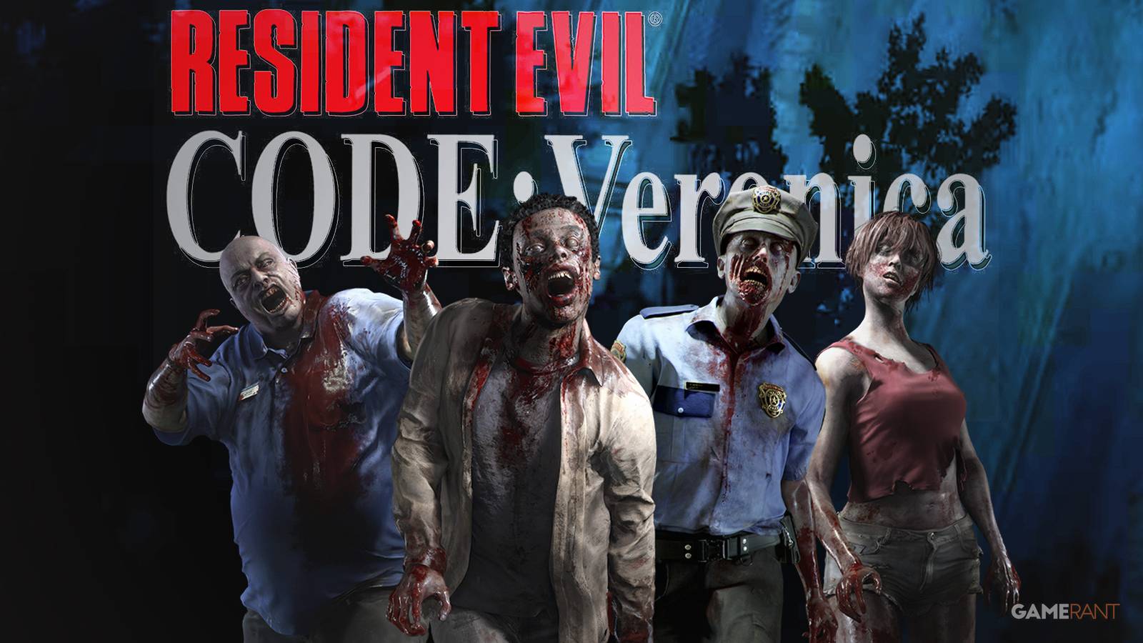 Resident Evil Code Veronica zombies in front of game logo blue scenery background 2x1 composite