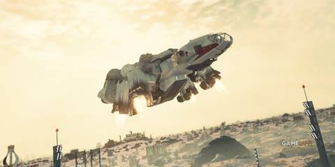 Starfield Frontier spacecraft ship landing on desert-like planet surface 2x1 screenshot