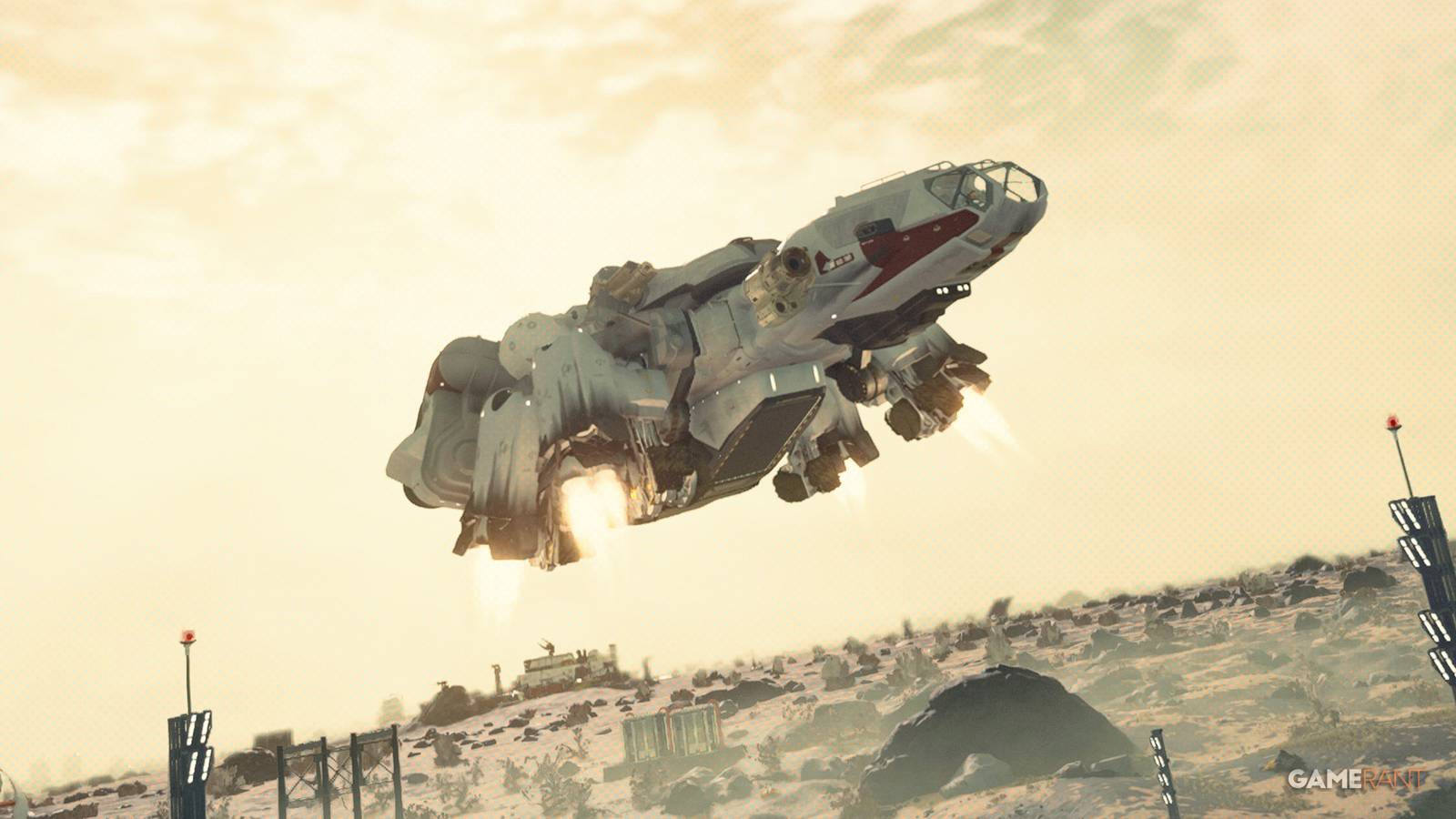 Starfield Frontier spacecraft ship landing on desert-like planet surface 2x1 screenshot